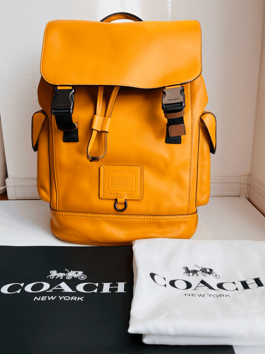 未使用 COACH コーチリュックサックリビングトン バッグパック マスタード色 レザーメンズ レディース兼用ノートPC収納可拍卖