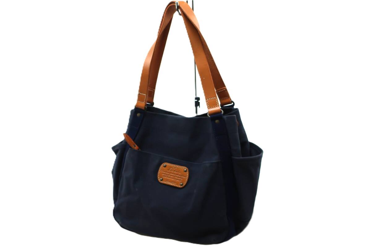 【送900円】1402 Dakota ダコタ トートバッグ ハンド キャンバス×レザー キャメル×ネイビー フラップ 肩掛け ポケット拍卖