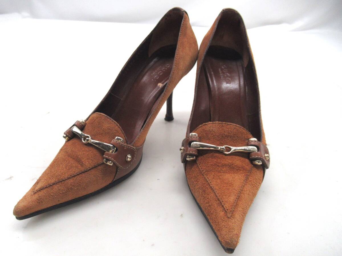 ★【S送900円】2719 GUCCI グッチ イタリア製 ヒールパンプス ポインテッドトゥ ビット スエード/レザー 茶 ブラウン 34 1/2 C拍卖