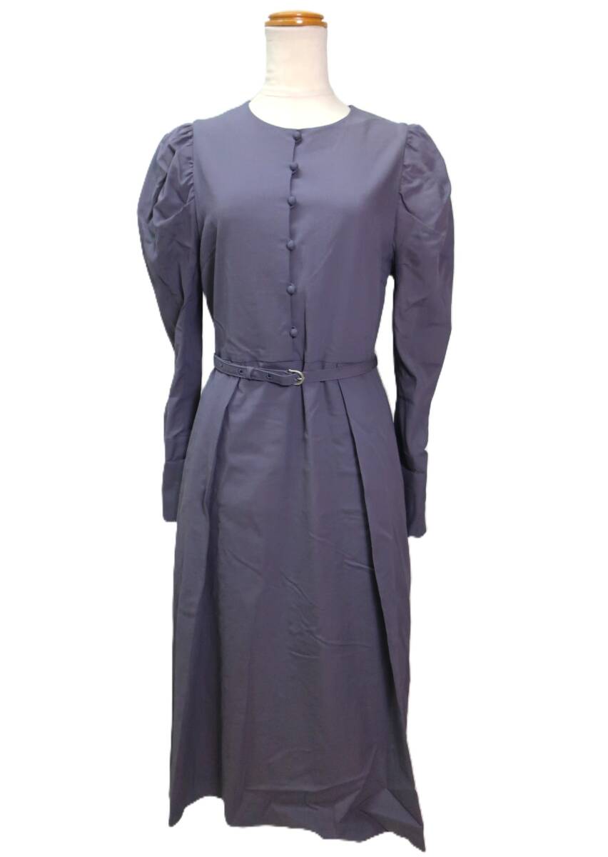 【送900円】918 Lois CRAYON ロイスクレヨン パフスリーブフレアワンピース プリーツタック 膝丈 長袖 ブルー系 ベルト M拍卖