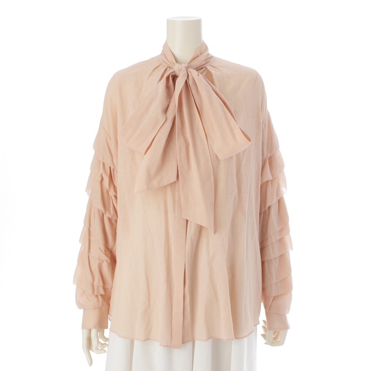 ドゥロワー 23SS コットンシルク RESORT2 リボン ボウタイ シアー 長袖 ブラウス 6521-299-1063 サーモンピンク【中古】拍卖