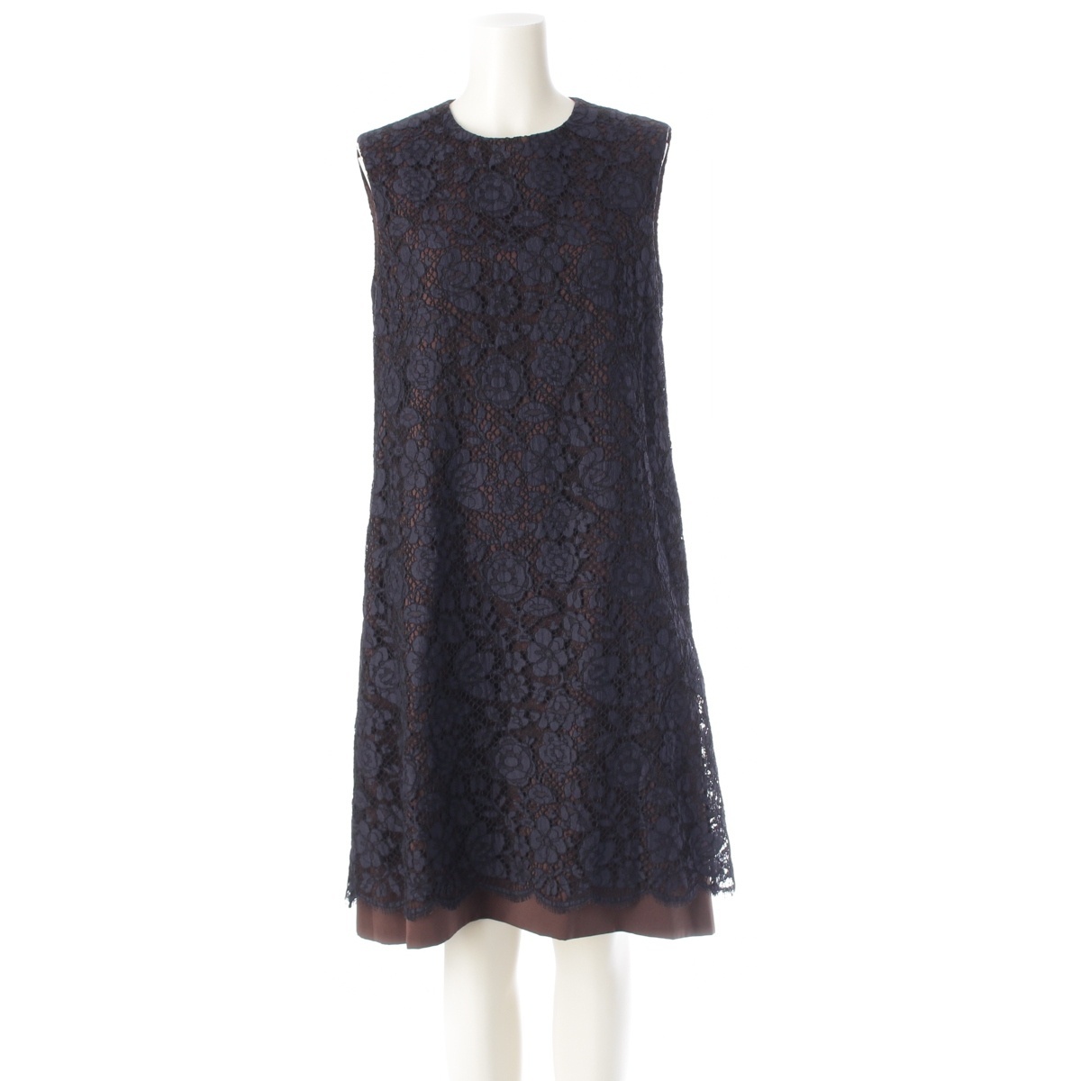 フォクシー 花柄刺繍 ノースリーブ ワンピース 40987 ネイビー×ブラウン 40【中古】拍卖