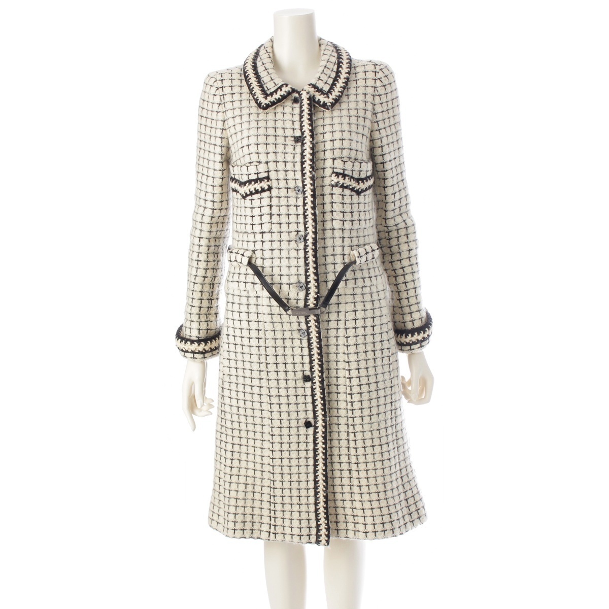 シャネル 00A ココマーク ウール ツイード コート アウター P16301 ホワイト ブラック 42【中古】拍卖