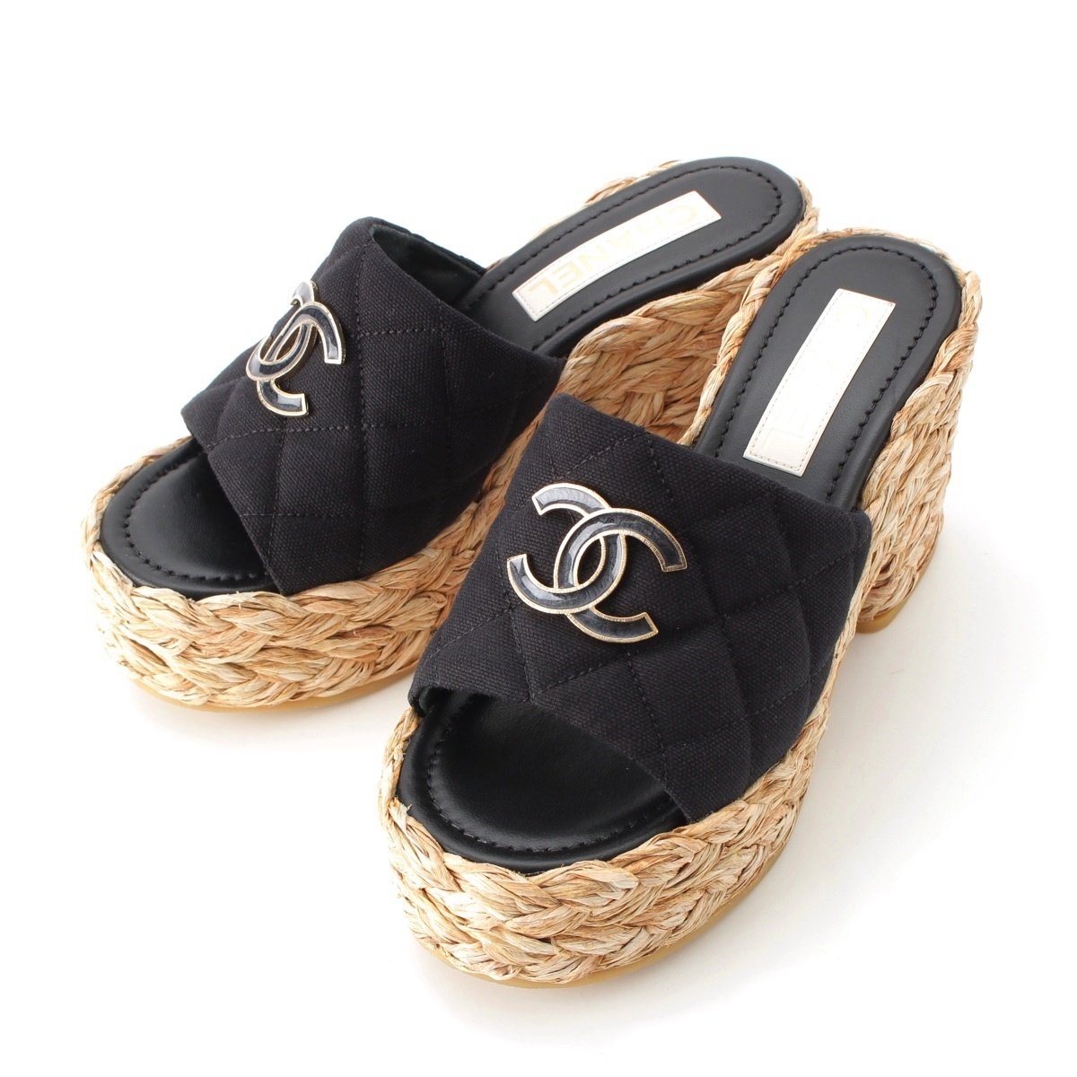 シャネル 25C コットン ココマーク マトラッセ サンダル ミュール G46127 ブラック 37【中古】拍卖