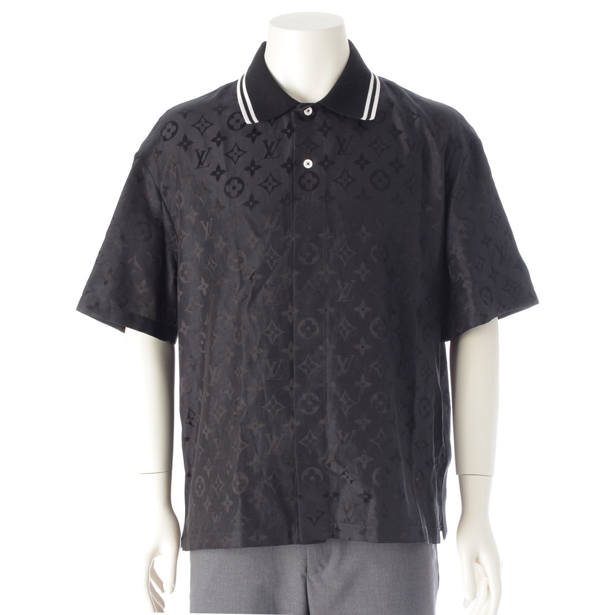 ルイヴィトン 25SS シルク モノグラム モアレ ジャカード 半袖シャツ 1AGTP2 ブラック L【中古】拍卖