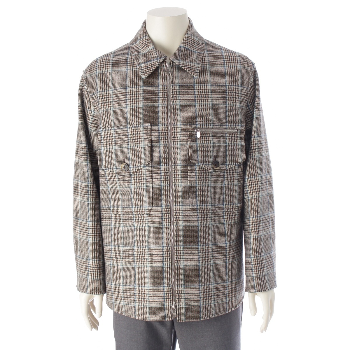エルメス ウール プリンス デ ウェールズ シラーニェ チェック チェック ジャケット ブラウン ブルー 46【中古】拍卖