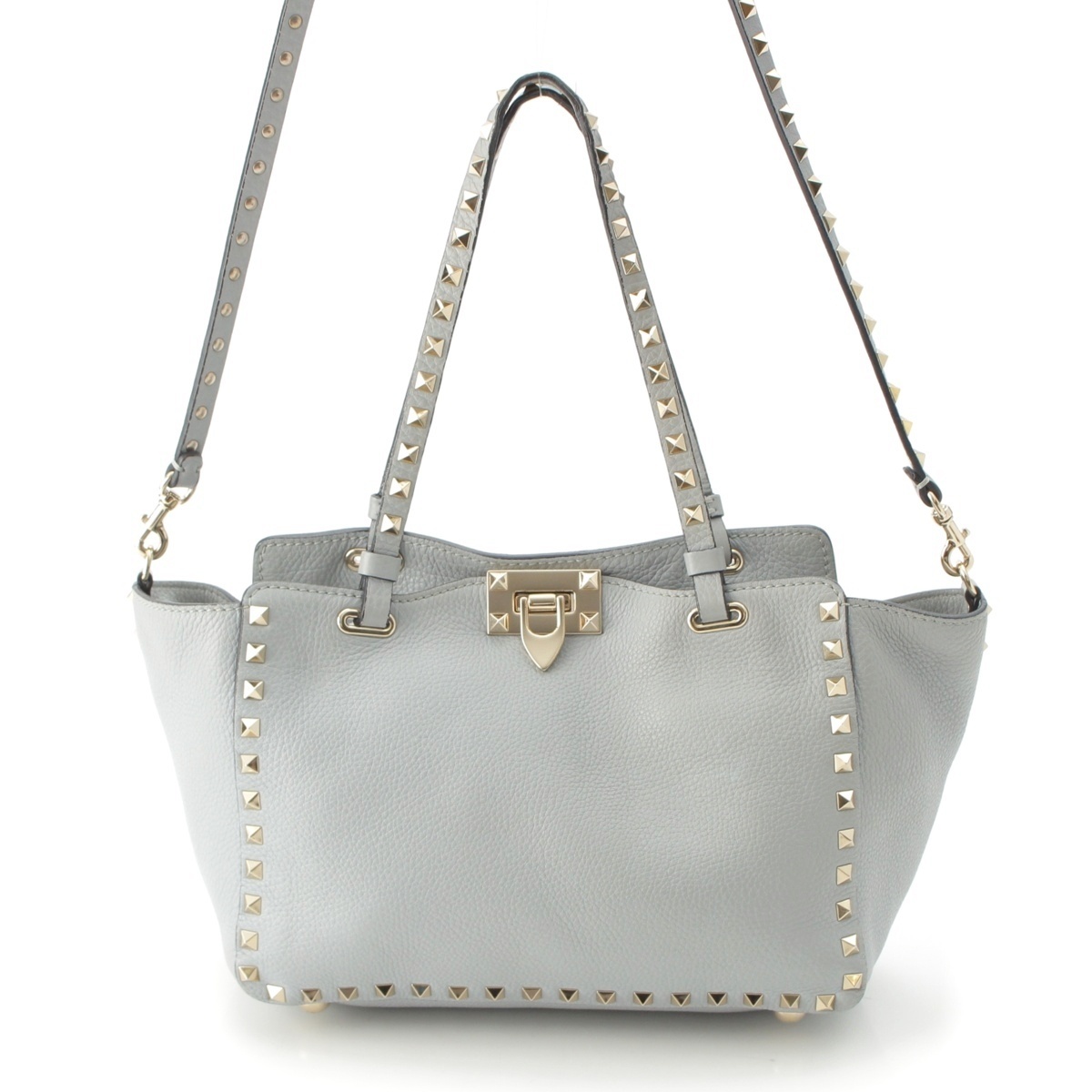 ヴァレンティノ レザー ロックスタッズ ゴールド ショルダーバッグ ブルー【中古】拍卖