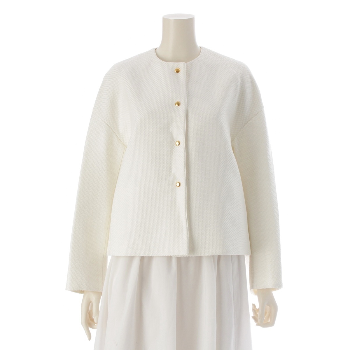 ドゥロワー コットン シルク ツイード ケヌキ ノーカラージャケット 6522-299-0798 ホワイト 36【中古】拍卖