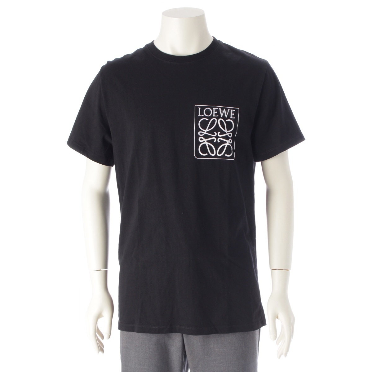 ロエベ コットン アナグラム フェイクポケット ロゴ刺繍 プリント クルーネック 半袖Tシャツ H526Y22X25 ブラック ホワイト M【中古】拍卖