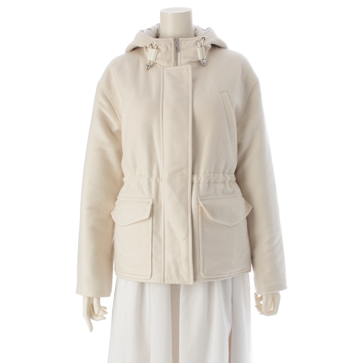 エルメス カシミヤ シェーヌダンクル フーデット 中綿 リバーシブル コート 3E0123DA ホワイト 36【中古】拍卖