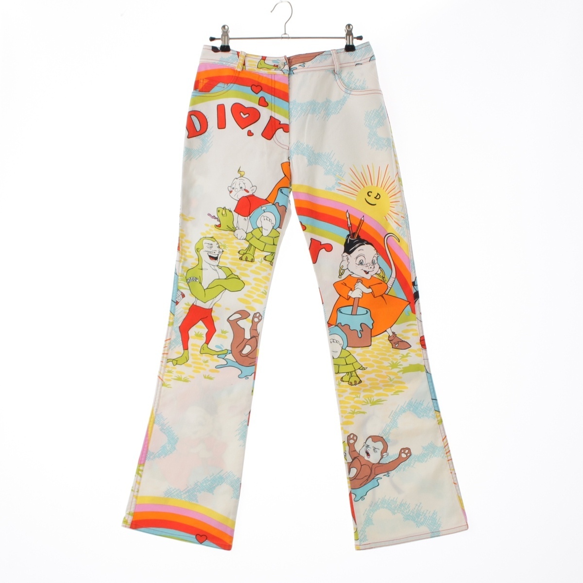 ディオール 2002 コットン ジョンガリアーノ期 カートゥーン フレア 総柄 デニムパンツ 2P12044101 ホワイト マルチカラー 36【中古】拍卖