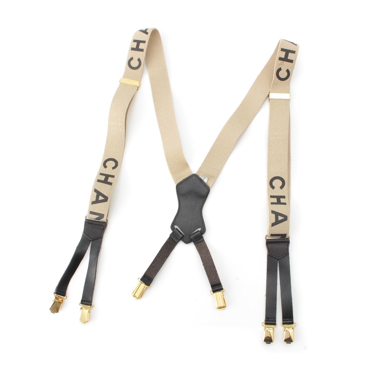 シャネル 1994 S/S キャンバス レザー テープロゴ サスペンダー ベージュ ブラック【中古】拍卖