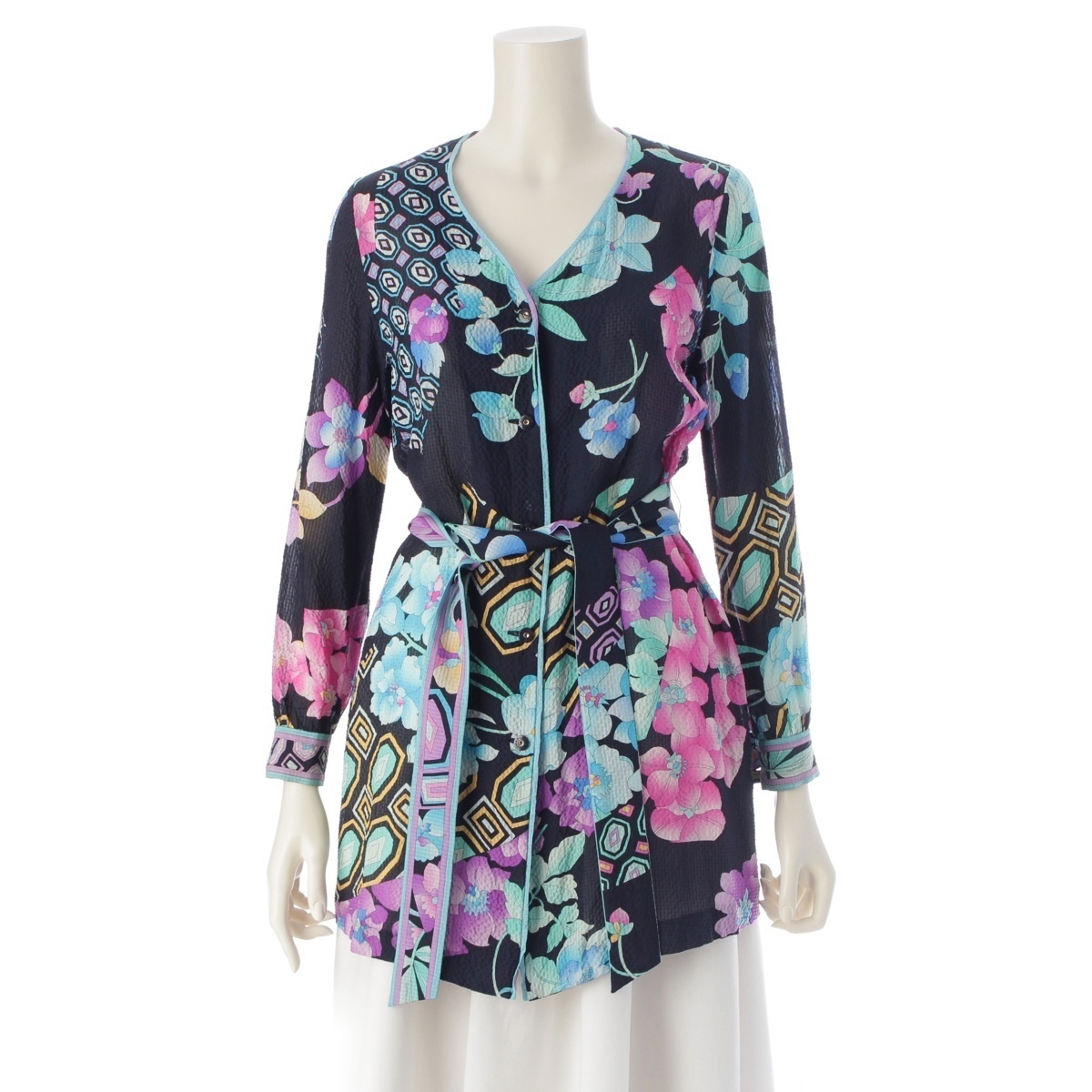 レオナール シルク ベルト付き ボタン チュニック 0359901 ネイビー マルチカラー 38【中古】拍卖