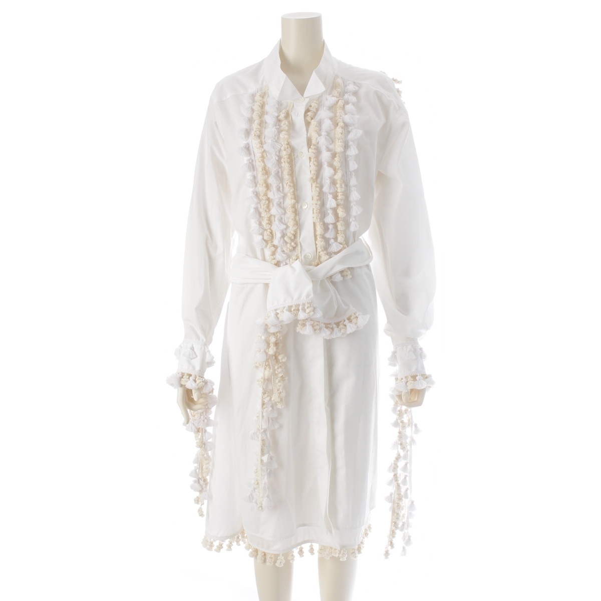 ロエベ タッセル ポンポン付き ウエストリボン ロング シャツ ワンピース ホワイト 36【中古】拍卖