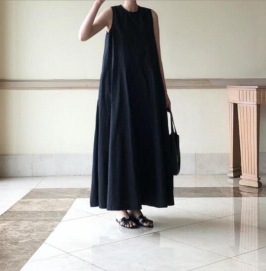 新作マキシワンピース レディース 夏 綿麻 ブラックワンピース マキシ丈 フレア Aラインワンピース ノースリーブ ゆったり 体型カバー/黒拍卖
