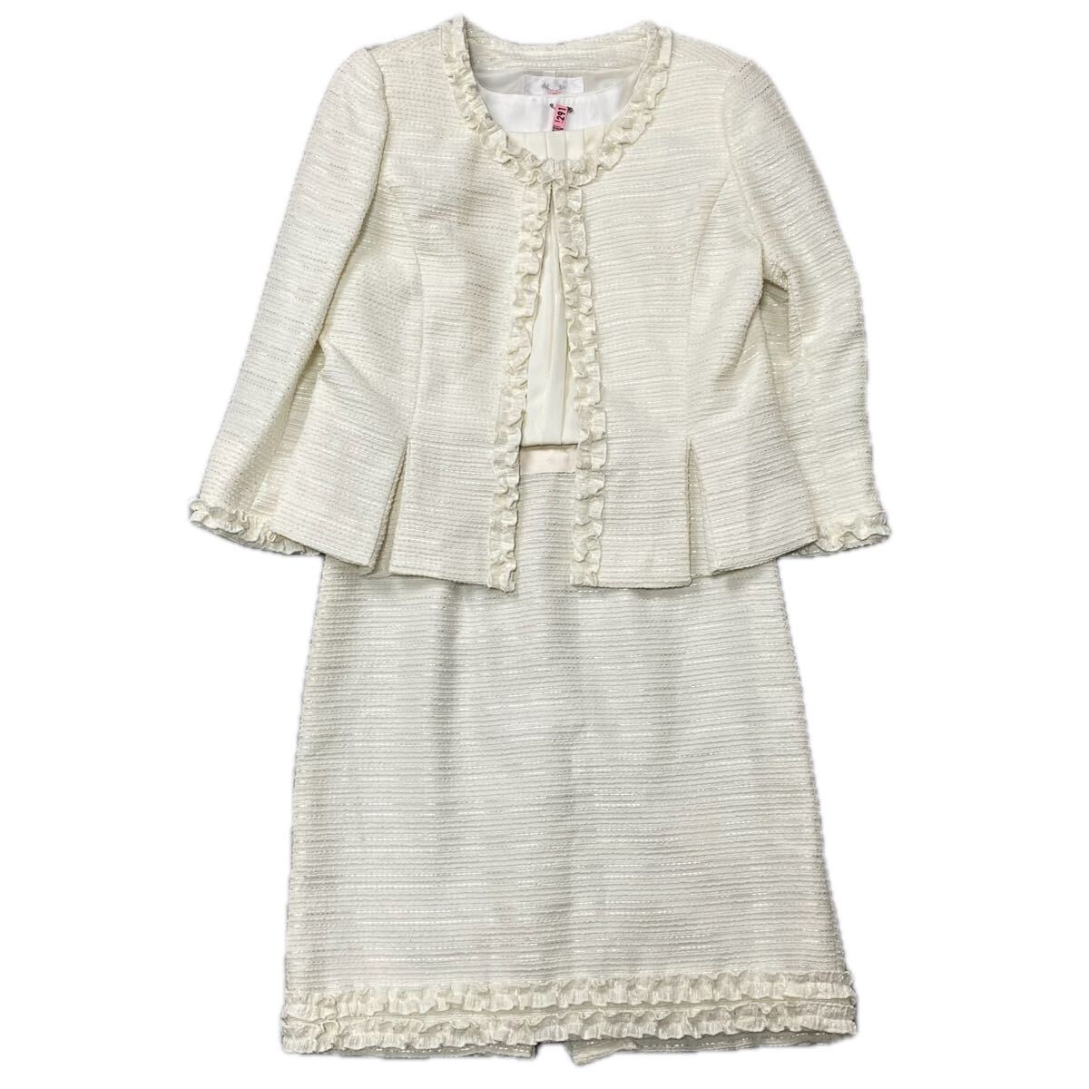 SAVIEM セットアップ ツイード ジャケット ワンピーススーツ アンサンブル レディース ホワイト ジャケット 半袖 膝丈スカート 拍卖