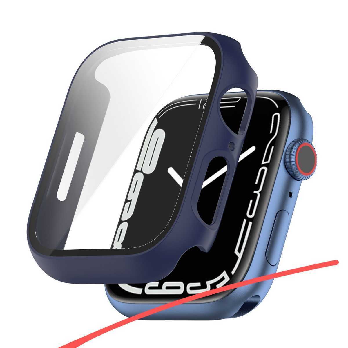 アップルウォッチ 9 8 7 45mm カバー 紺色 ネイビー 強化ガラス拍卖