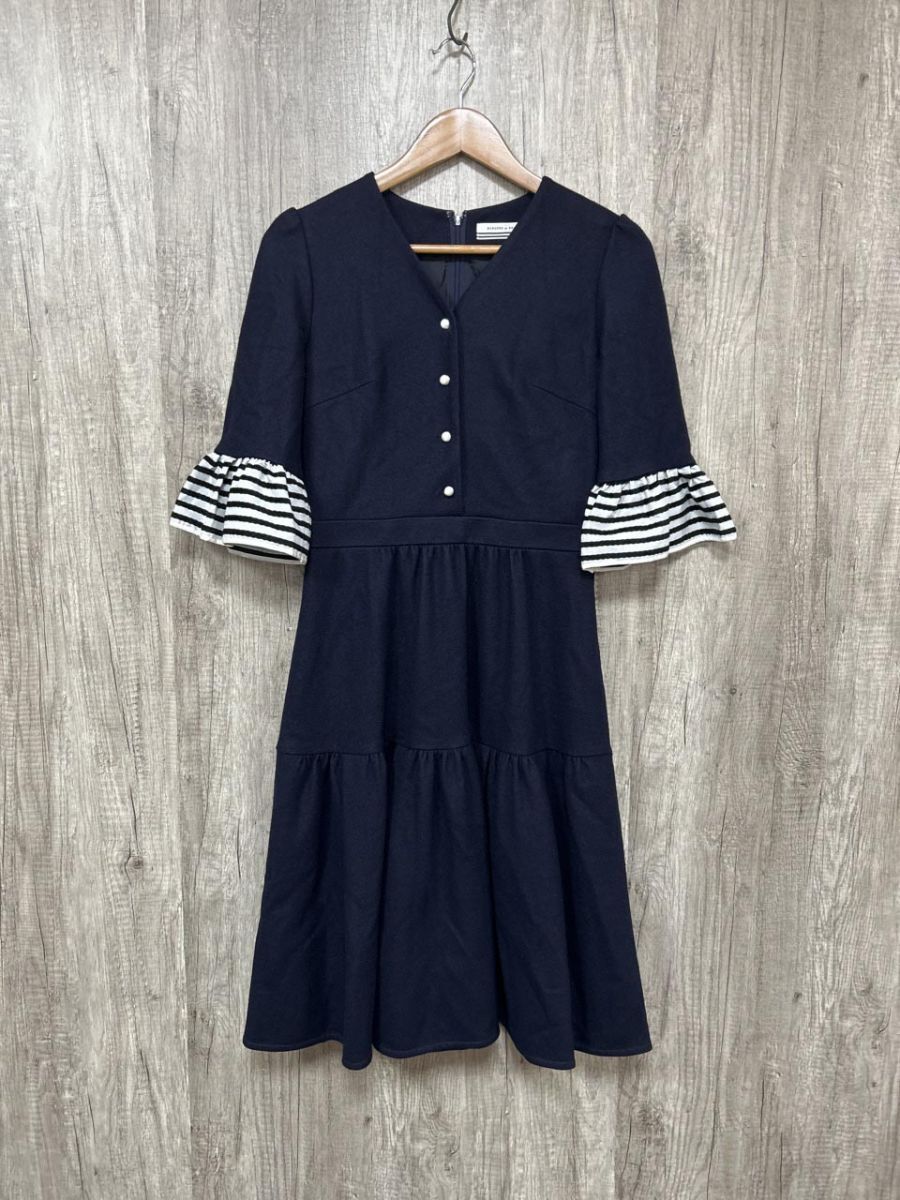 BORDERS at BALCONY ボーダーズ アット バルコニー ウールジャージー Aライン ワンピース size36/濃紺 ◆■◎ レディース拍卖