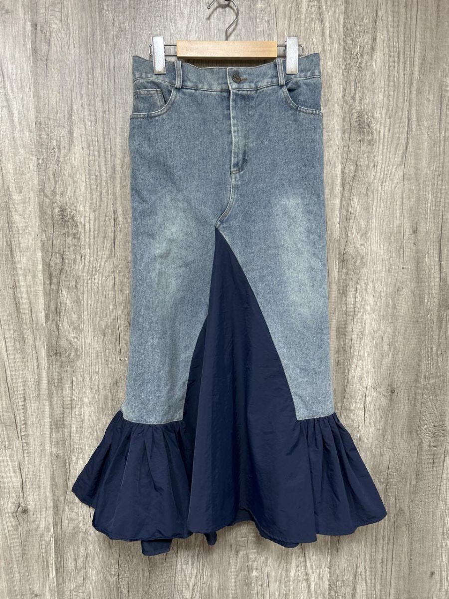 ミームセレクト 異素材ドッキングスリットロング 無地 ロング デニムスカート sizeF/− ■■ レディース拍卖