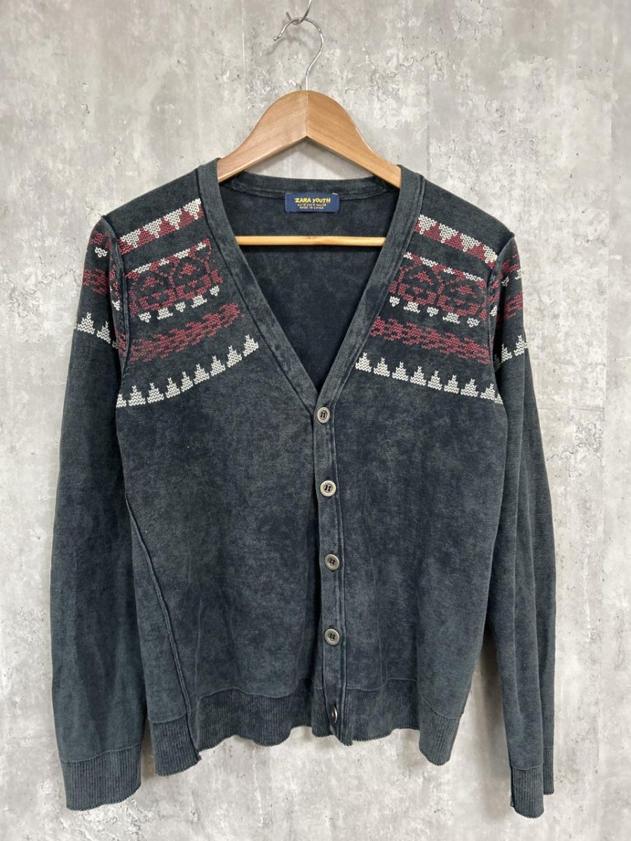 ネコポスOK ZARA ザラ ノルディック柄 カーディガン sizeM/チャコール ◆■ レディース拍卖
