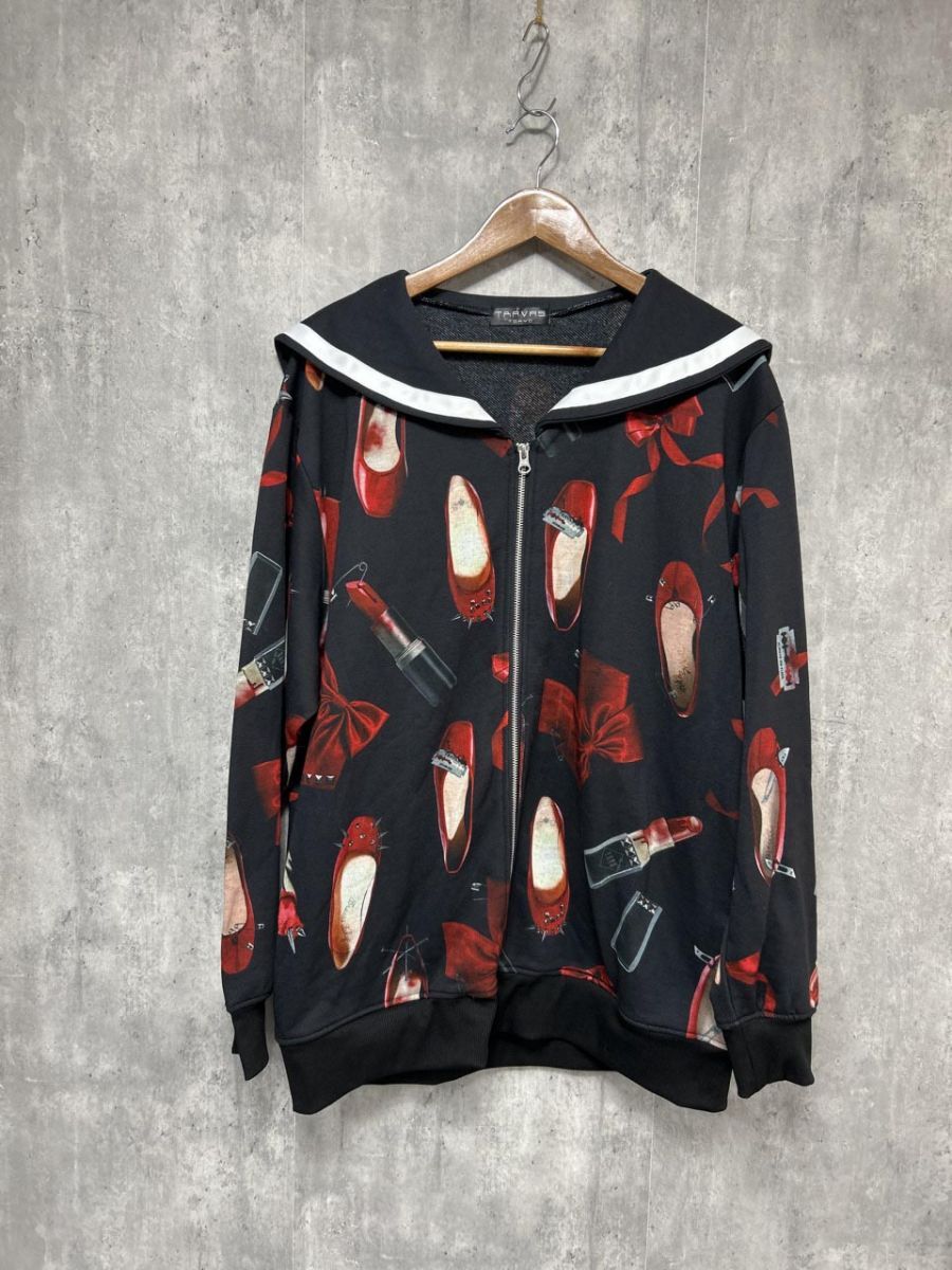 TRAVAS TOKYO セーラーパーカー 総柄 ユニセックス ジップアップ パーカー sizeF/黒 ◆■◎ レディース拍卖