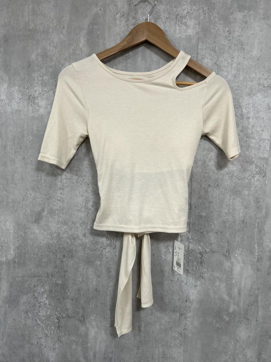美品 MURUA ムルーア タグ付 五分袖 カップ付 リブ カットソー sizeF/アイボリー ■◆ レディース拍卖