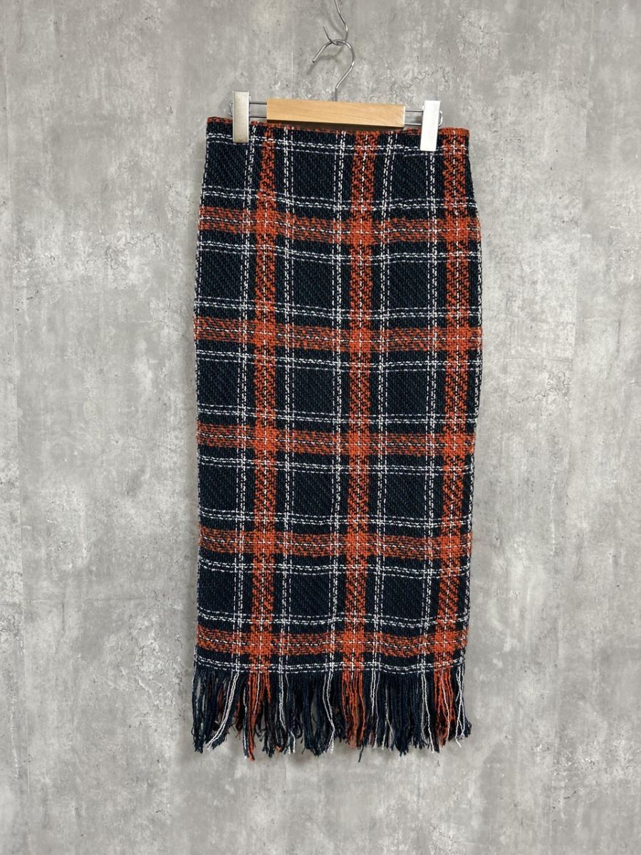 SUGAR SPOON チェックフリンジ ロング タイト スカート sizeF/ネイビー オレンジ ホワイト 紺 白 ◆■ レディース拍卖