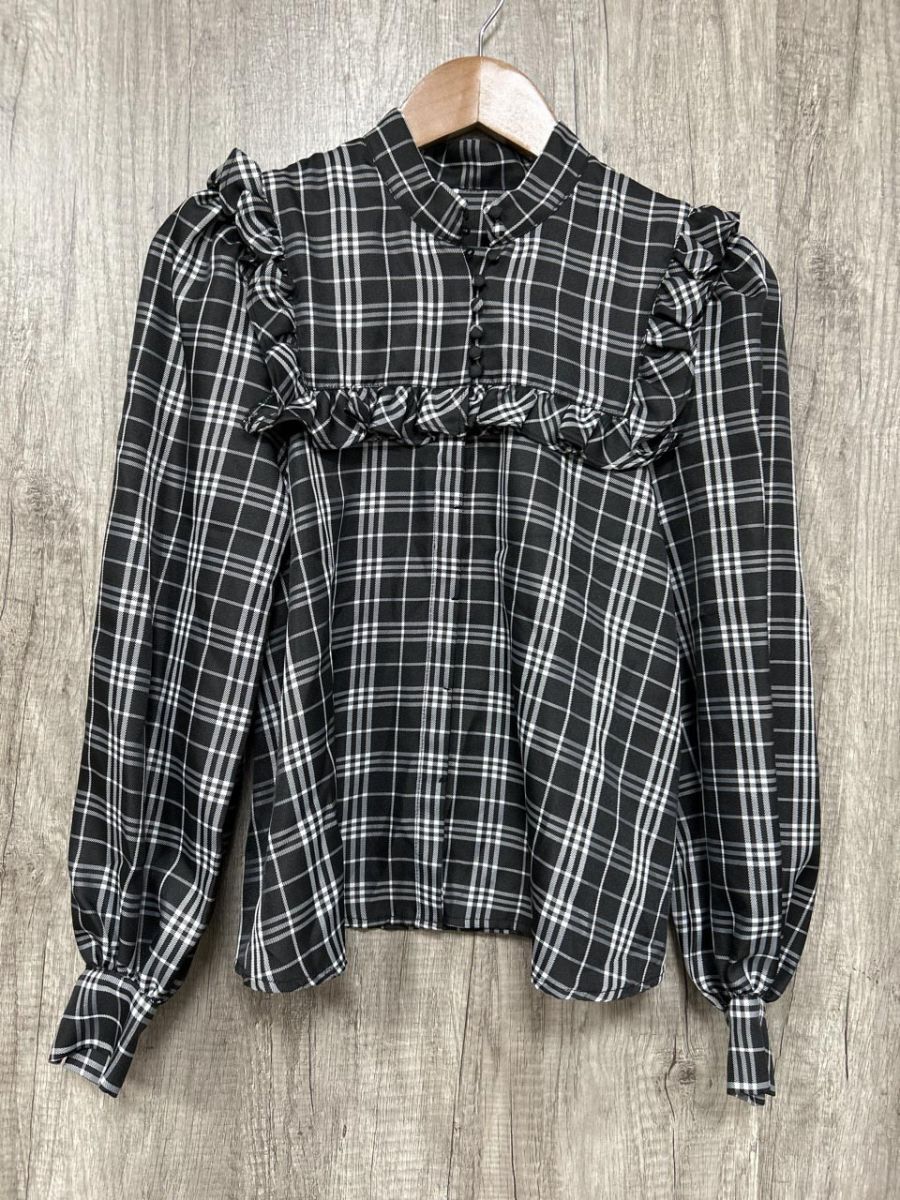ネコポスOK EIMY ISTOIRE エイミー イストワール スタンドカラーフリルチェック ブラウス シャツ sizeF/白x黒 ◇■ レディース拍卖