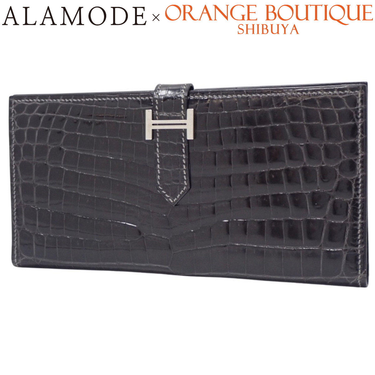 HERMES(エルメス) ベアンクラシック グラファイト ブラック黒 グレー クロコ ニロティカス シルバー金具 □H刻 40802150238【アラモード】拍卖