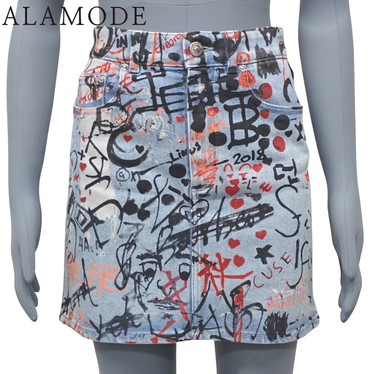 バーバリー グラフィックプリント デニム スカート ボトムス 36 コットン エラスタン ブルー青 8030653 40802155313【アラモード】拍卖