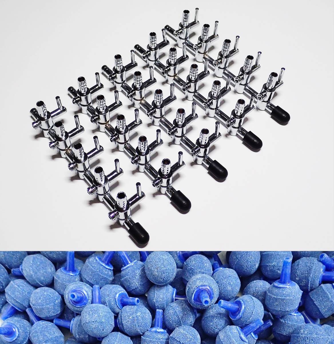 【送料込】エアーコック 5分岐管 5個 + Φ20エアーストーン 青 25個  シュリンプ・グッピー・メダカ飼育時のエアー分岐に 一方コック5連拍卖