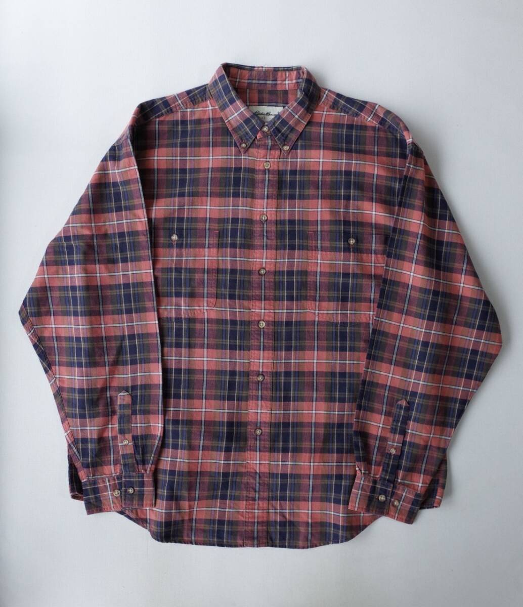 90's ビンテージ Eddie Bauer エディーバウアー 長袖 ネルシャツ ボタンダウン XL チェック柄 (朱色 紺色 ミックス) USA古着拍卖