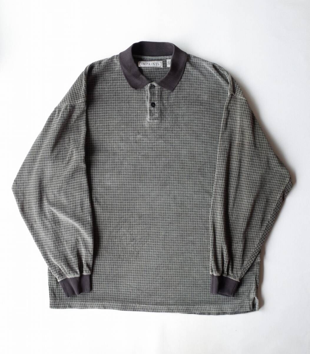 90's ビンテージ IMPRINTS ベロア素材 ポロシャツ 長袖 L オリーブ系 チェック USA古着拍卖
