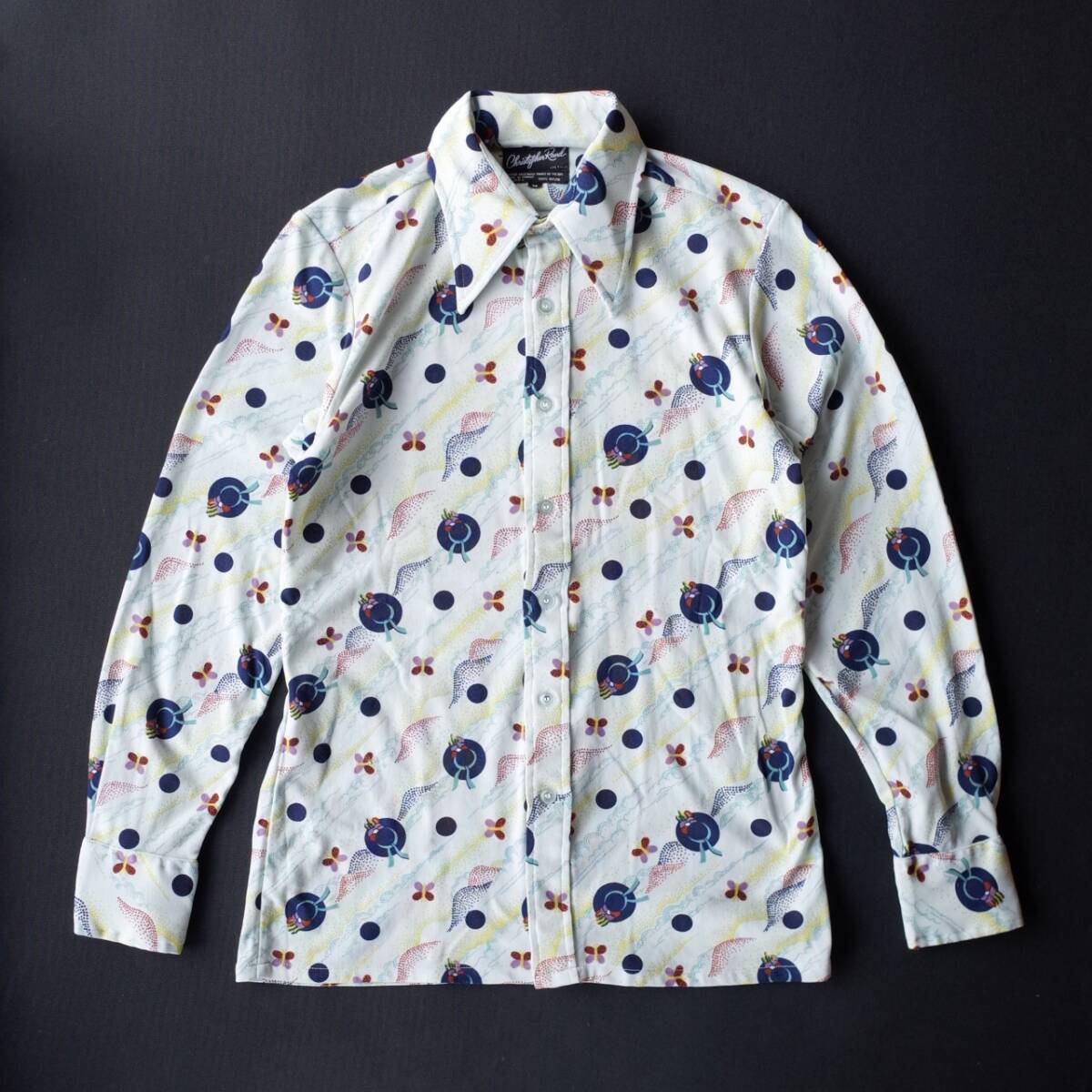 70's ビンテージ Christopher Rand 柄シャツ 長袖 M ストレッチナイロン レトロ 昭和 アンティーク古着拍卖