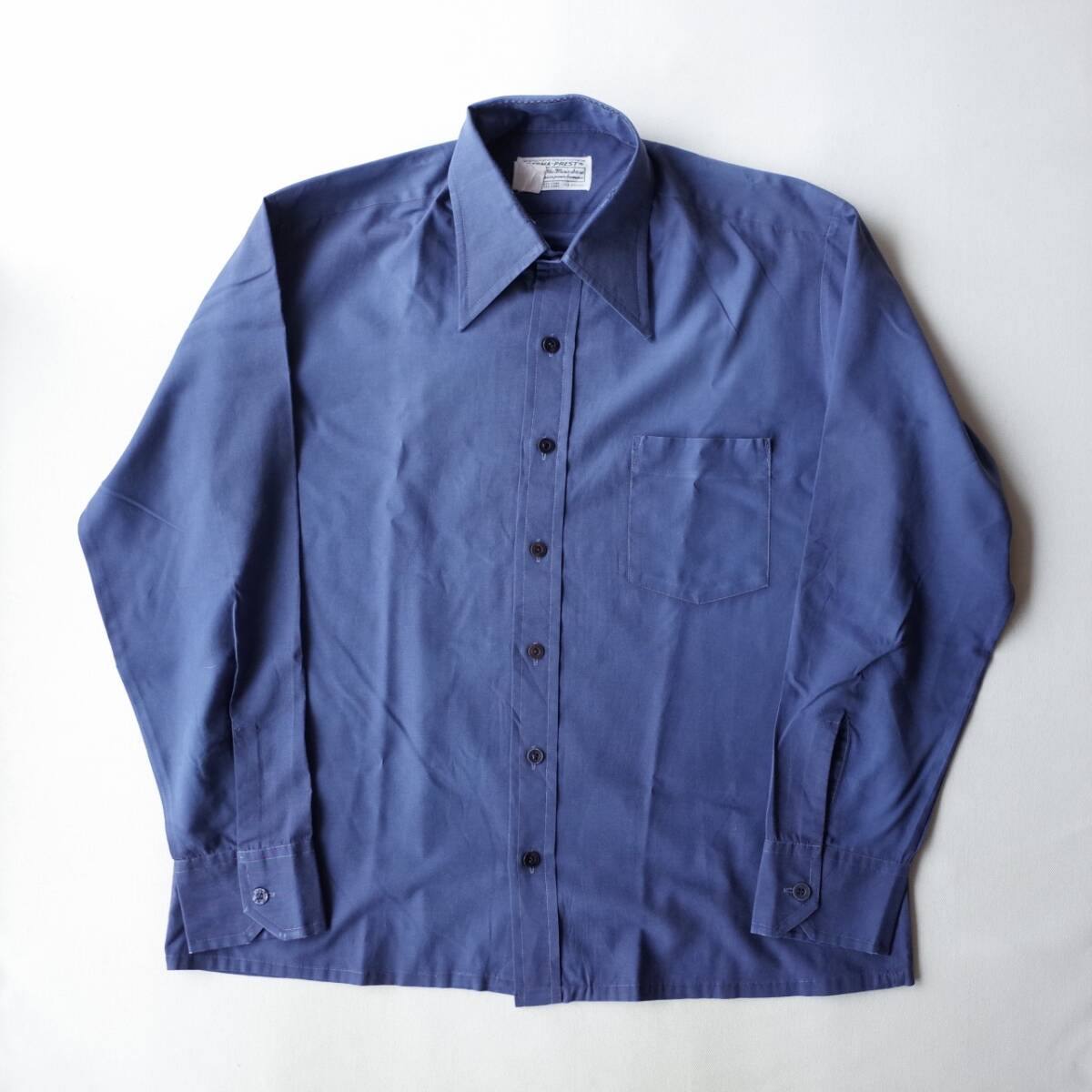 70's ビンテージ 香港製 Sears シアーズ 長袖 シャツ 濃青 ネイビーブルー 無地 レトロ アンティーク古着拍卖