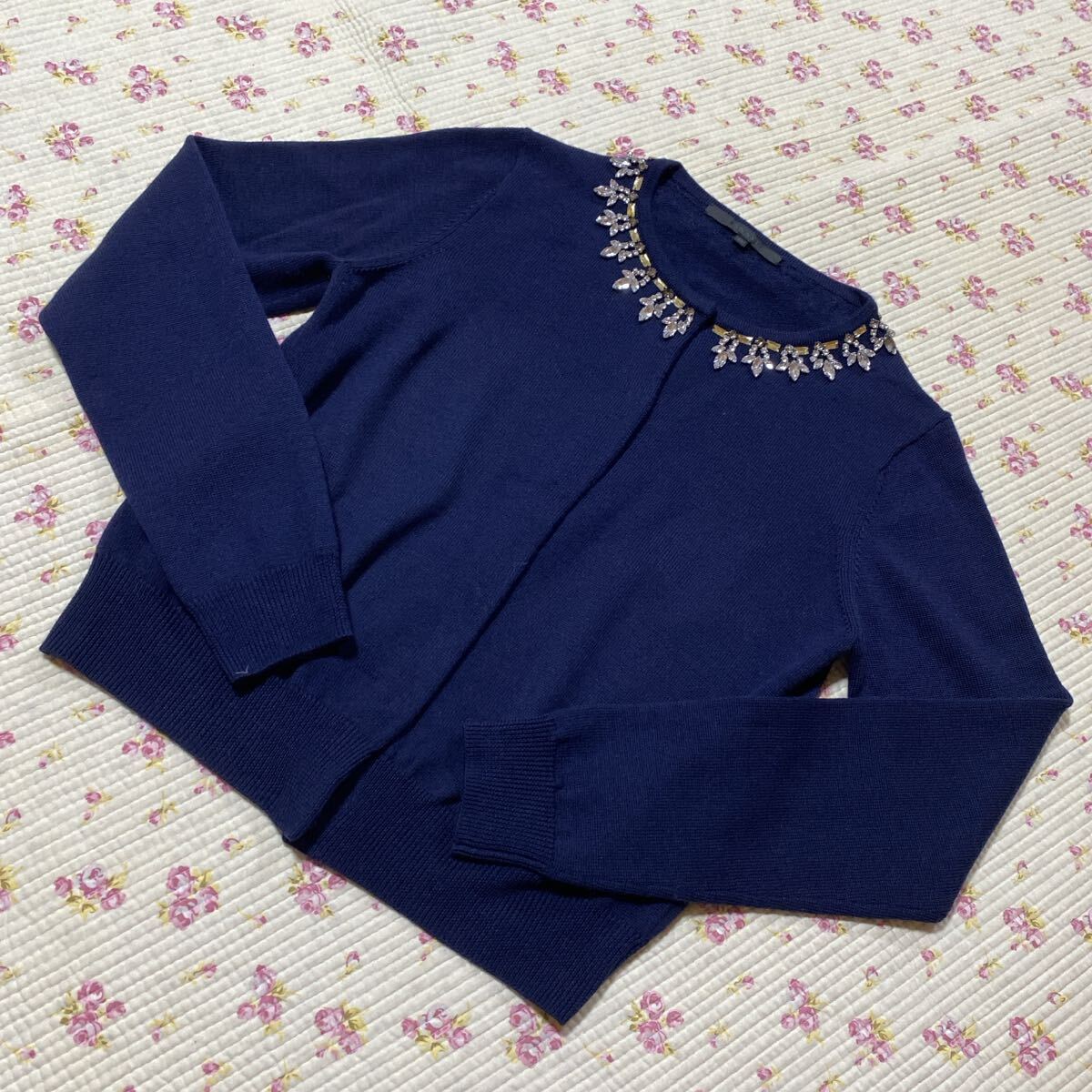 アナイ ビジュー カーディガン 38 濃紺系 ウール 薄手 ストレッチ DMW拍卖