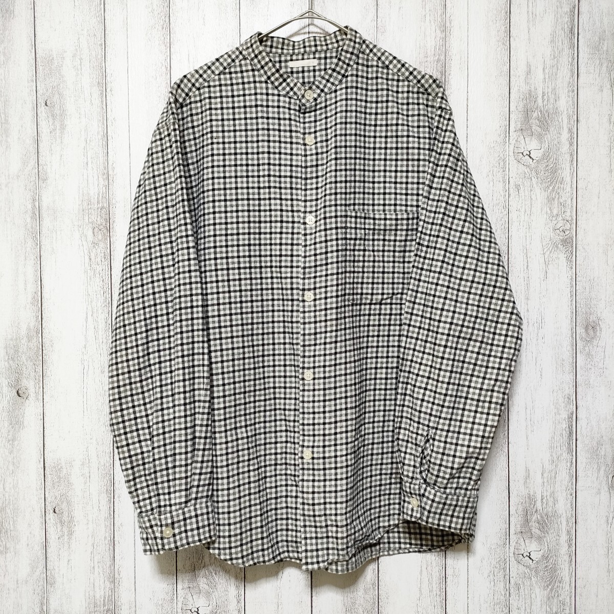 GU ジーユー (M) フランネル リラックスフィット バンドカラーシャツ拍卖