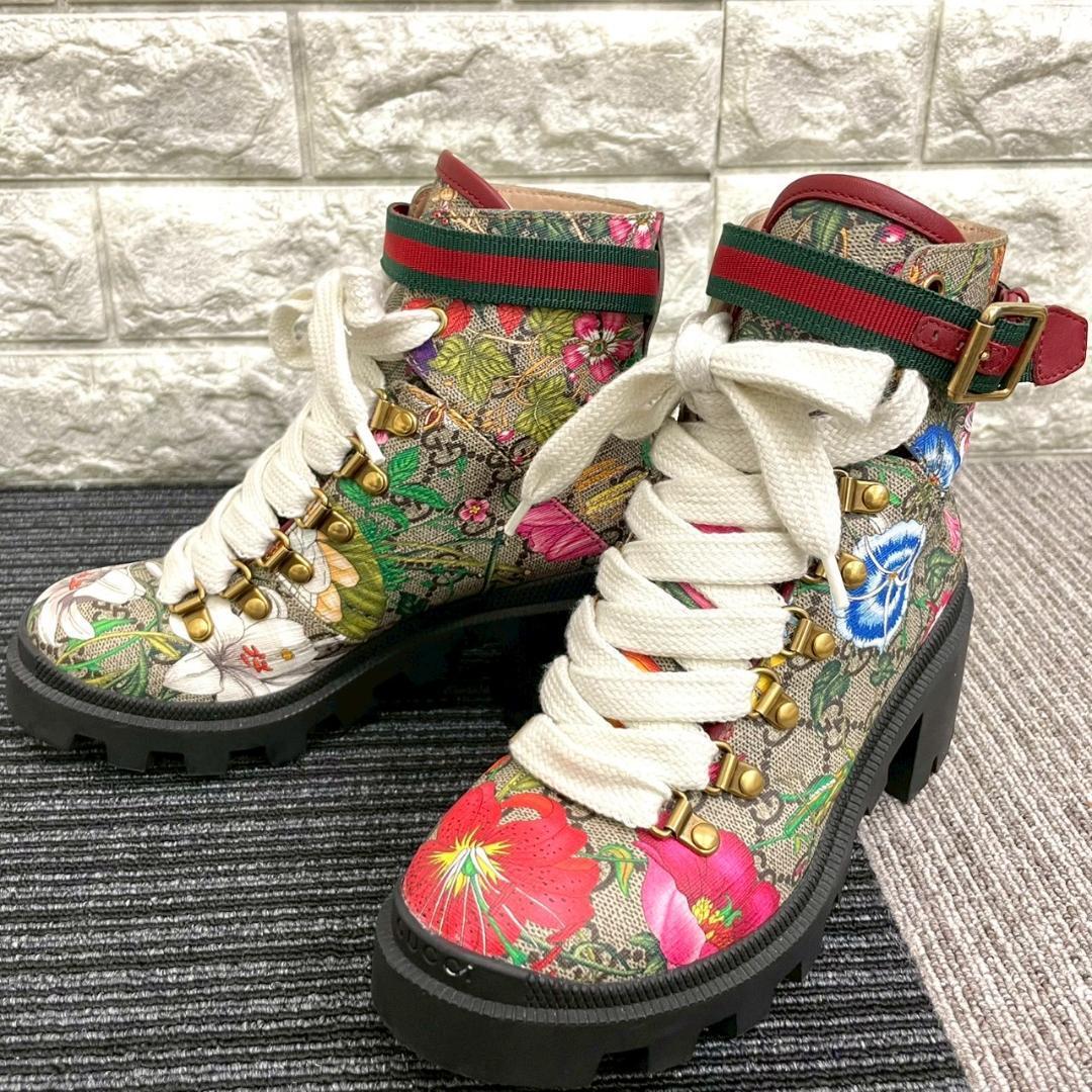 超美品 GUCCI グッチ GGフローラル フラワー 厚底 ブーツ シェリー拍卖