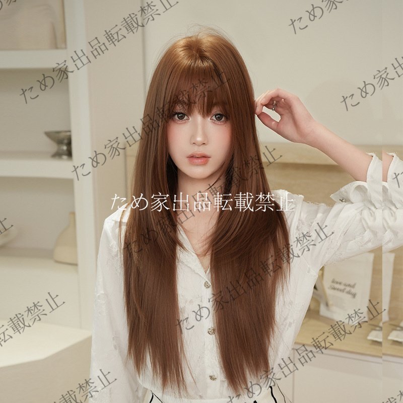 新品人毛 ロングストレート レイヤーカット ブラウン つむじ部分手植え 自然に見えますフルウィッグ かつら ヘアアクセサリー拍卖
