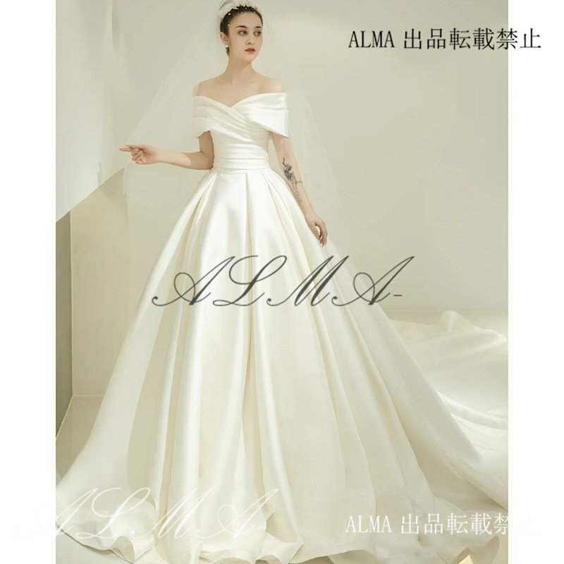 大値下げ サテンドレス ウエディングドレス 一字肩デザイン フレンチ宮廷風 シンプル上品 花嫁ロングドレス 結婚式 お色直し 主役用 白拍卖