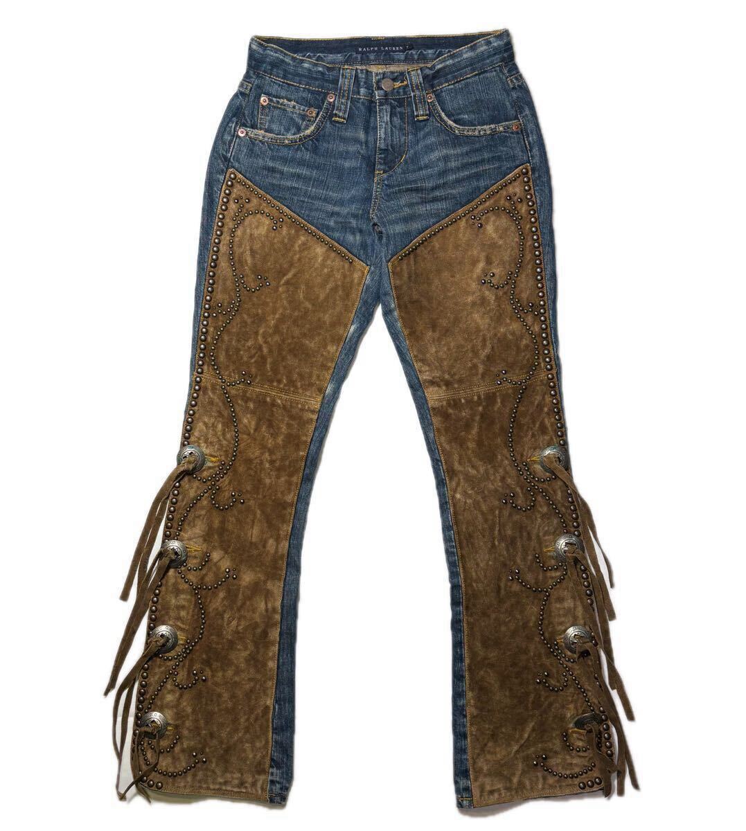 ラルフローレン カウボーイデニム サイズ7 ジーンズ デニムパンツ コンチョ フリンジ スエードレザー ブーツカット拍卖