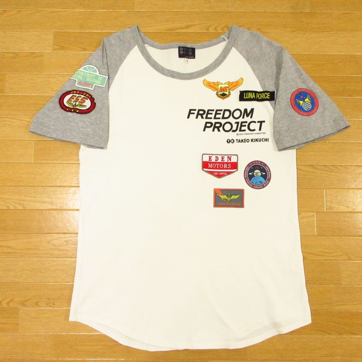 ◎TK タケオキクチ TAKEO KIKUCHI Tシャツ 半袖 ラグラン ミリタリー アメカジ ワッペン メンズ 黒 白xグレー 3(L)サイズ◆AA4319拍卖