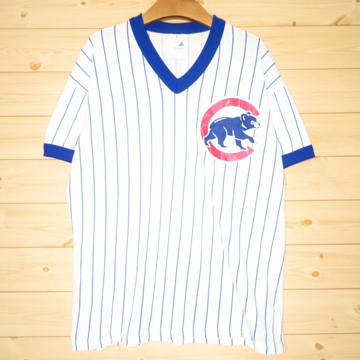 ◎MLB シカゴ・カブス Majestic 野球 クラシックピンストライプ リンガーTシャツ 半袖 TEE ユニフォーム メンズ 白 M相当◆AU0731拍卖