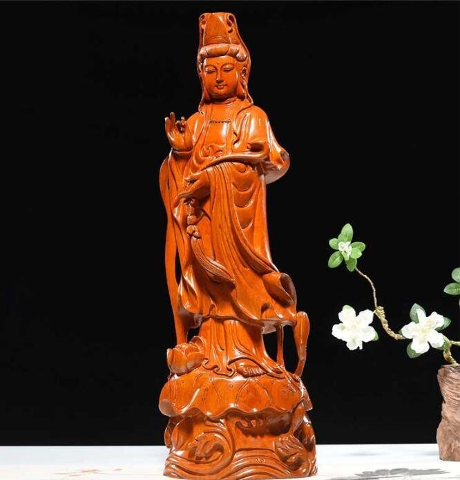 美品★仏教美術 木彫仏像 精密細工 木彫り 花梨木 天然木 置物 観音菩薩像 仏像 高さ49cm拍卖