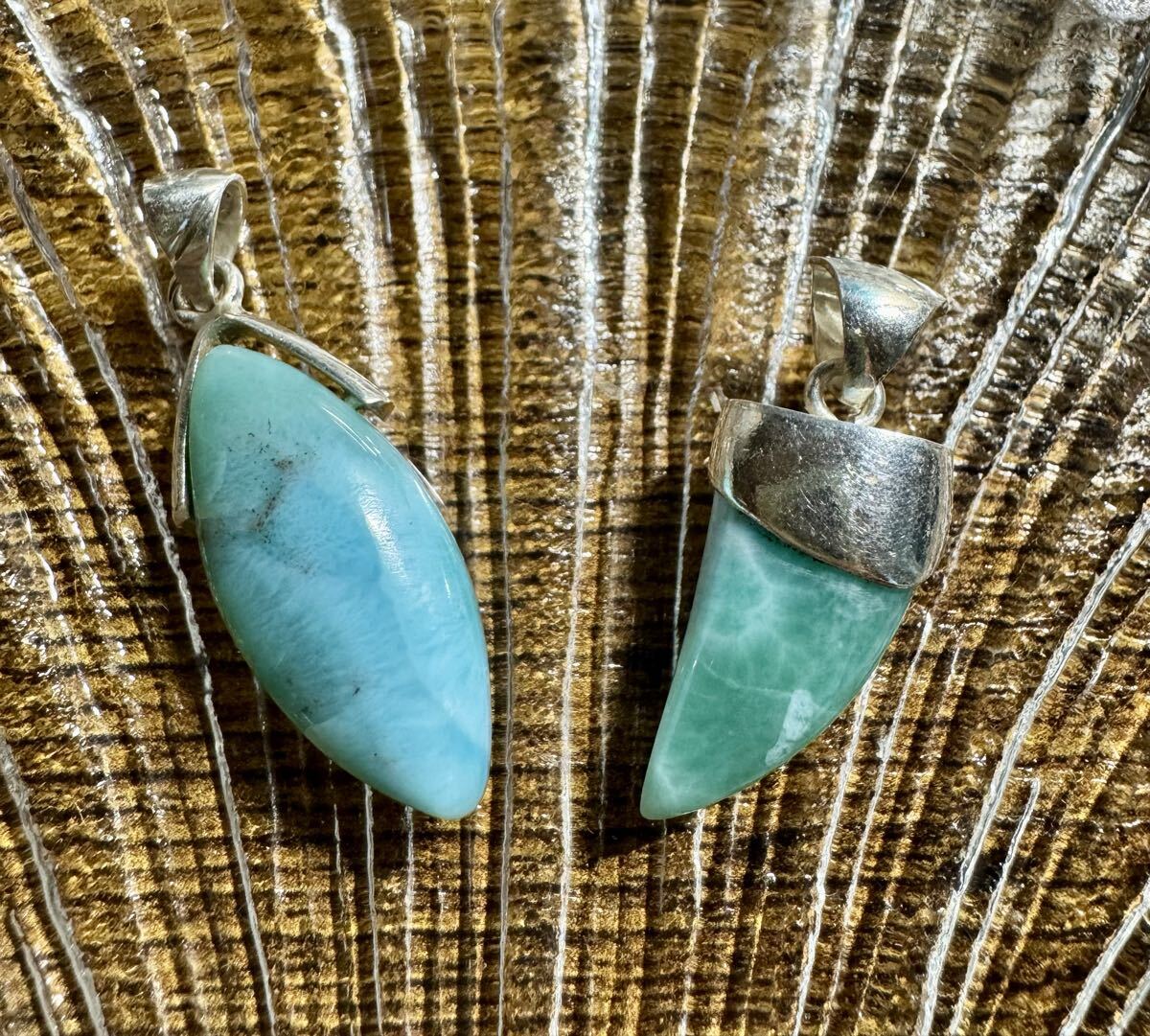 ◆ ラリマー ペンダントトップ 2点セット ◆アップルグリーン系 マーキス 牙 ☆。.:*・゜天然石 トップ 拍卖