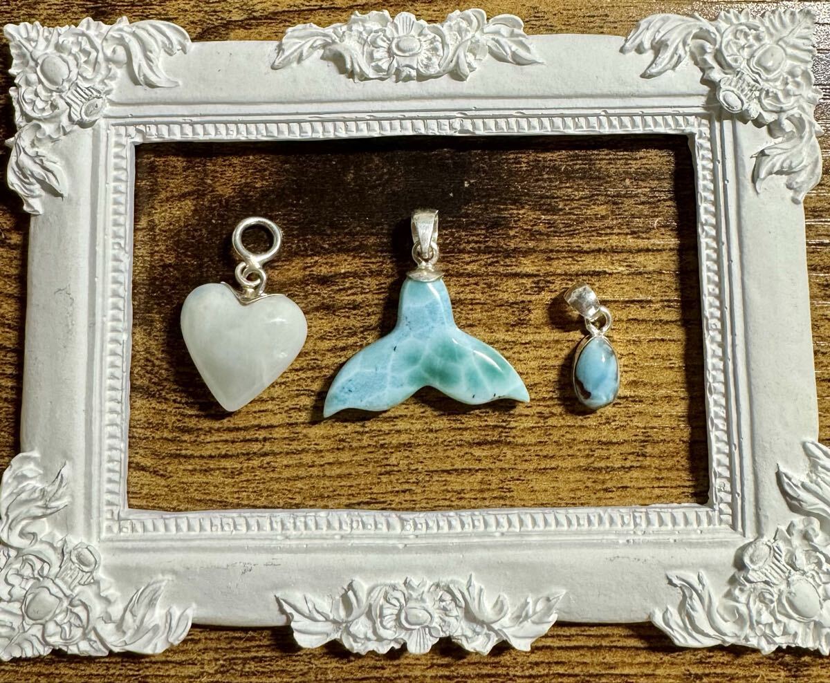 ◆ ラリマー ペンダントトップ ブルー ホワイト レッド入 3点セット テール ハート オーバル ☆。.:*・゜天然石 ネックレストップ拍卖