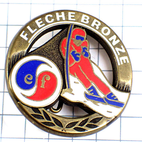 ブローチ・スキー学校トリコロールカラー青白赤ブロンズ色◆フランス限定アンティーク◆レアなヴィンテージもの拍卖