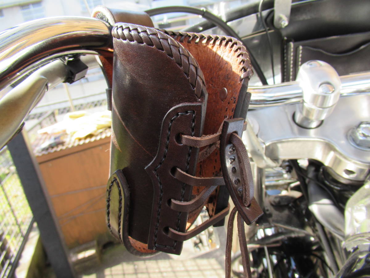 栃木レザー製 サドルレザー ドリンクホルダー コードパンカラー ハンドルバータイプ ベルトタイプ ハーレー アメリカン バイク拍卖