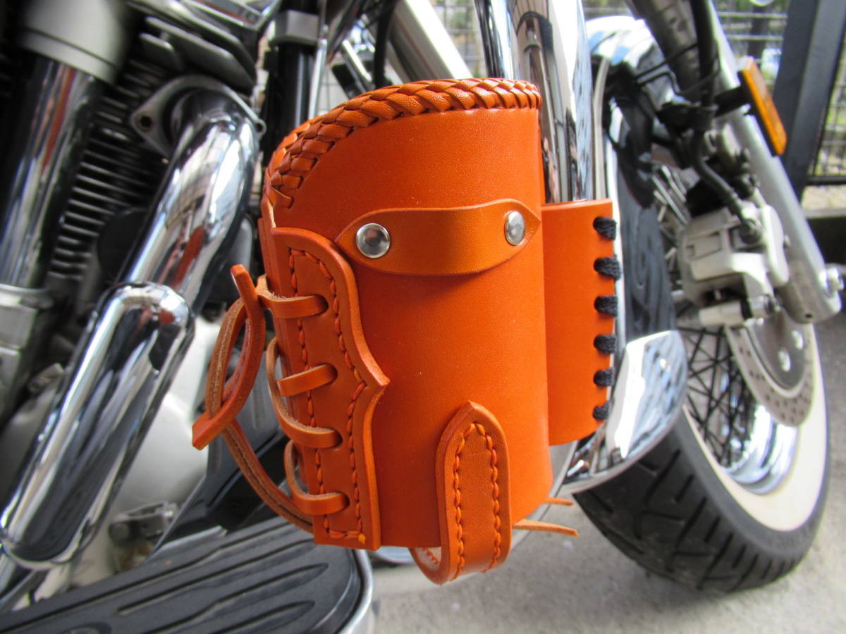 特別カラー 栃木レザー製 ドリンクホルダー オレンジ ハーレー アメリカン バイク拍卖