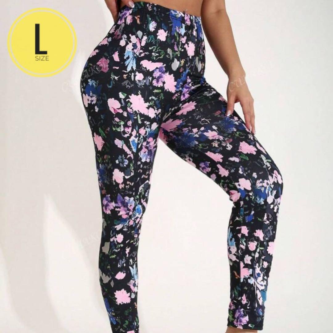 美尻・脚長ヨガウェア 花柄 ブルー ピンク レギンス Lサイズ S-V3拍卖